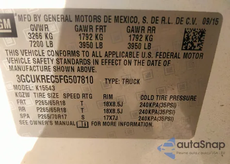 2015 Chevrolet Silverado 1500 1Lt from USA, damaged, VIN 3GCUKREC5FG507810